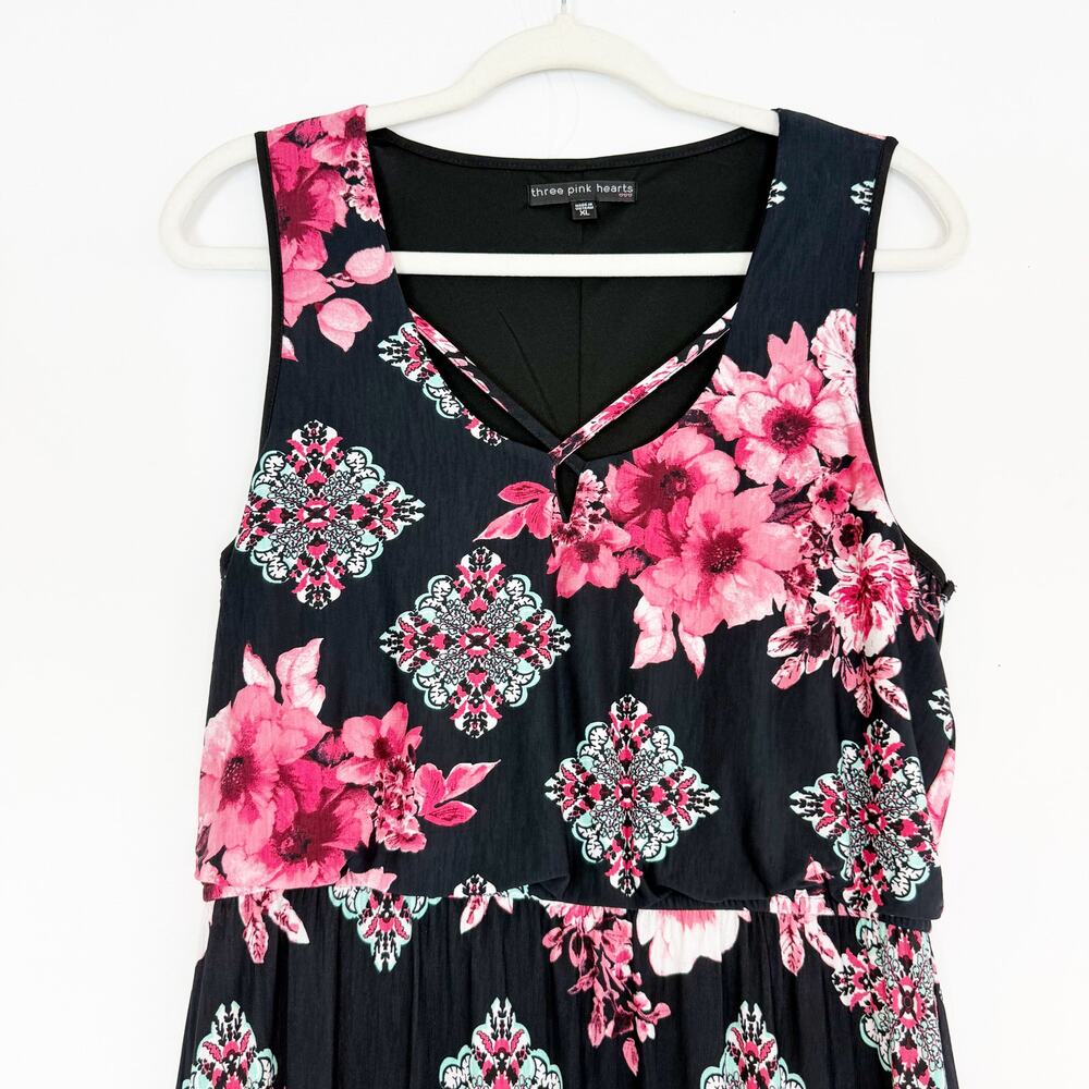Three Pink Hearts Sleeveless Black & Pink Floral Blouson Maxi Dress Women's XL - Picture 2 of 13